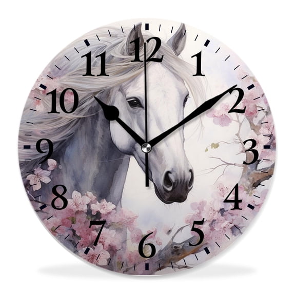 12 Inch Wall Clock Battery Operated Silent Clock Decorative for Office, Kitchen, Outdoor, Living Room,Beautiful Horse with Cherry Blossom Style