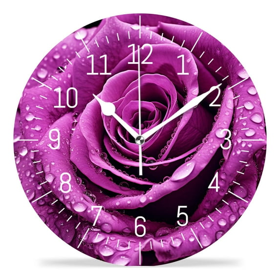 12 Inch Wall Clock Battery Operated Silent Clock Decorative for Office, Kitchen, Outdoor, Living Room,Beautiful Rose Flower Purple Elegant