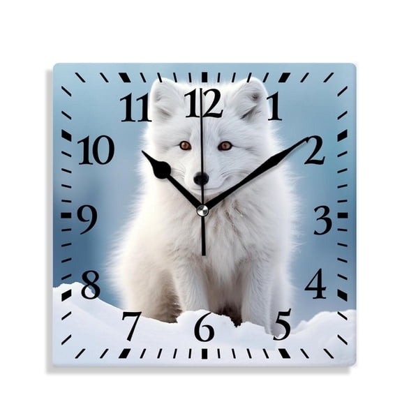 12 Inch Wall Clock Battery Operated Silent Clock Decorative for Office, Kitchen, Outdoor, Living RoomBeautiful White Fox Animal on Winter Snow Image