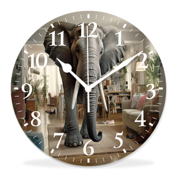 12 Inch Wall Clock Battery Operated Silent Clock Decorative for Office, Kitchen, Outdoor, Living Room，Big Elephant Animal Drawing
