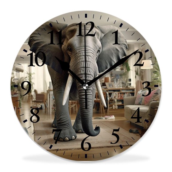 12 Inch Wall Clock Battery Operated Silent Clock Decorative for Office, Kitchen, Outdoor, Living RoomBig Elephant Animal Drawing