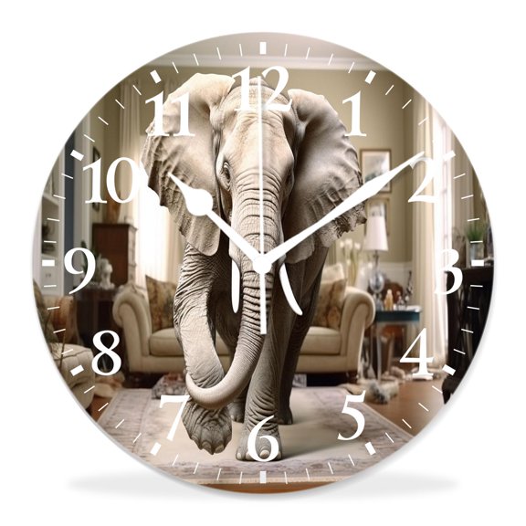 12 Inch Wall Clock Battery Operated Silent Clock Decorative for Office, Kitchen, Outdoor, Living RoomBig Elephant Animal Lovely