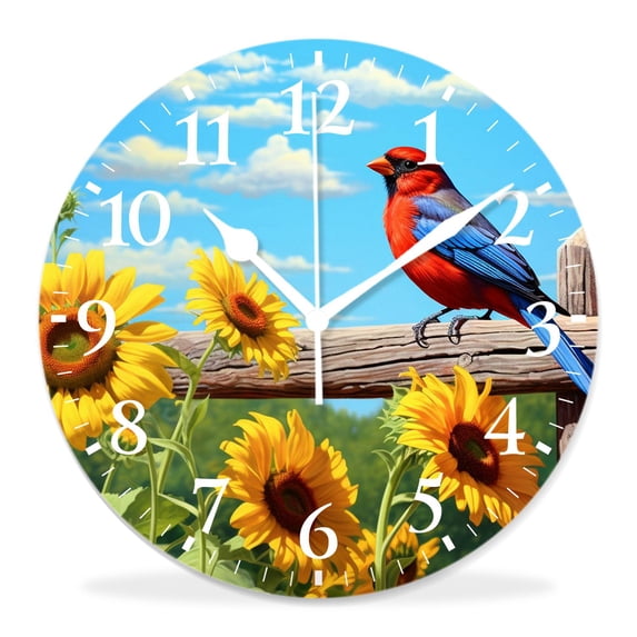 12 Inch Wall Clock Battery Operated Silent Clock Decorative for Office, Kitchen, Outdoor, Living Room，Bird Sunflower Floral Pattern