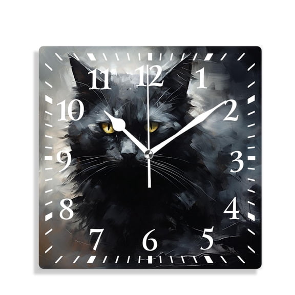 12 Inch Wall Clock Battery Operated Silent Clock Decorative for Office, Kitchen, Outdoor, Living RoomBlack Cat Kitten Maine Coon Animal Art
