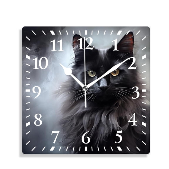 12 Inch Wall Clock Battery Operated Silent Clock Decorative for Office, Kitchen, Outdoor, Living RoomBlack Cat Kitten Maine Coon Animal Pattern