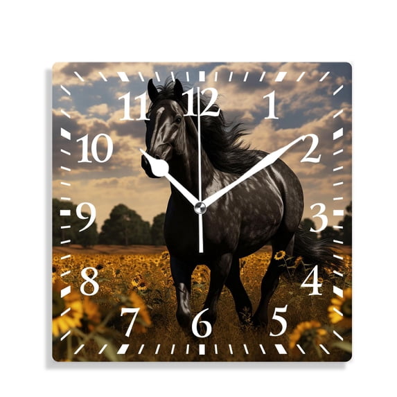 12 Inch Wall Clock Battery Operated Silent Clock Decorative for Office, Kitchen, Outdoor, Living Room,Black Horse Sunflowers Lovely