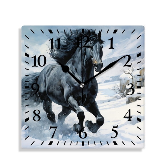 12 Inch Wall Clock Battery Operated Silent Clock Decorative for Office, Kitchen, Outdoor, Living Room，Black Horse Winter Creative