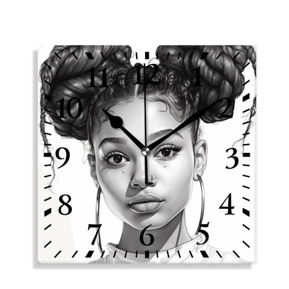 12 Inch Wall Clock Battery Operated Silent Clock Decorative for Office, Kitchen, Outdoor, Living Room，Black Woman with Curls Exquisite