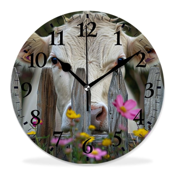 12 Inch Wall Clock Battery Operated Silent Clock Decorative for Office, Kitchen, Outdoor, Living Room,Black and White Cow Farm Elegant