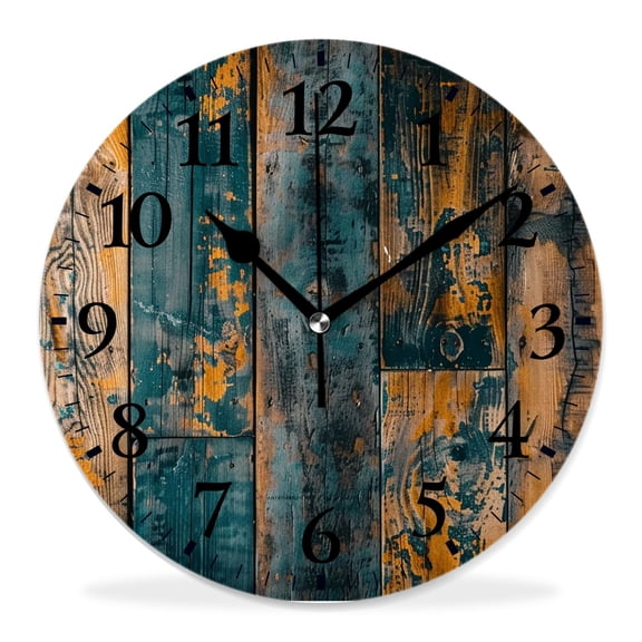 12 Inch Wall Clock Battery Operated Silent Clock Decorative for Office, Kitchen, Outdoor, Living Room，Blue Brown Planks Wooden Exquisite