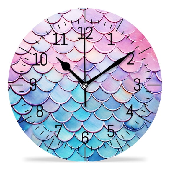 12 Inch Wall Clock Battery Operated Silent Clock Decorative for Office, Kitchen, Outdoor, Living RoomBlue Yellow Mermaid Fish Scale Design
