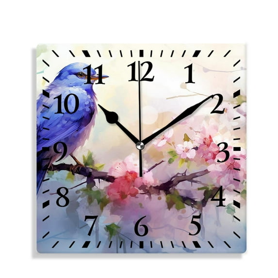 12 Inch Wall Clock Battery Operated Silent Clock Decorative for Office, Kitchen, Outdoor, Living Room,Branch and Blue Bird Image