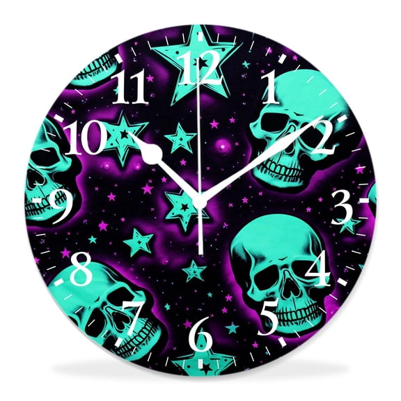 12 Inch Wall Clock Battery Operated Silent Clock Decorative for Office, Kitchen, Outdoor, Living RoomBright Skeleton Skulls Stars Creative