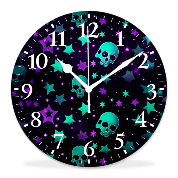 12 Inch Wall Clock Battery Operated Silent Clock Decorative for Office, Kitchen, Outdoor, Living RoomBright Skeleton Skulls Stars Picture