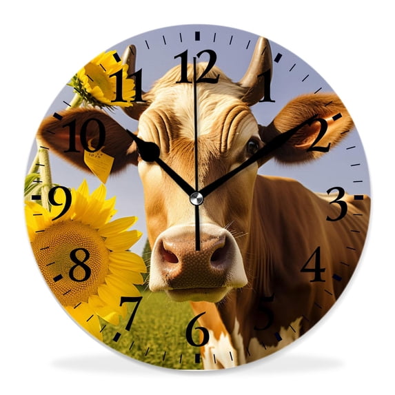 12 Inch Wall Clock Battery Operated Silent Clock Decorative for Office, Kitchen, Outdoor, Living Room,Brown Cow with Flowers in Muzzle Pattern