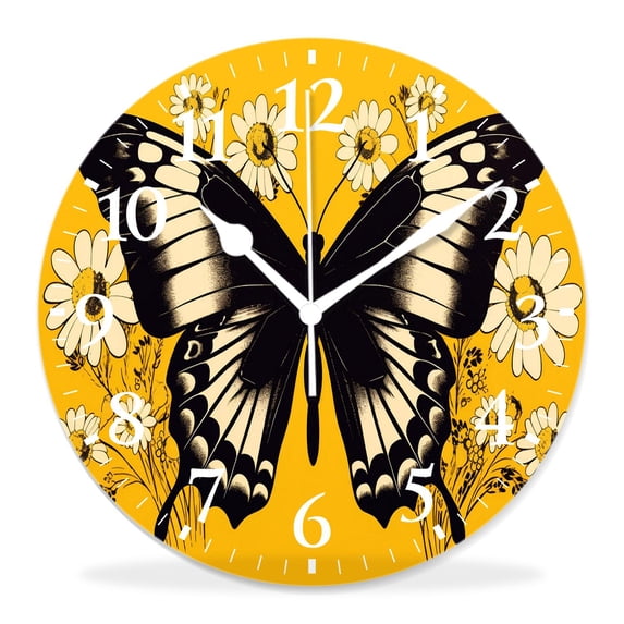 12 Inch Wall Clock Battery Operated Silent Clock Decorative for Office, Kitchen, Outdoor, Living Room,Butterfly Daisy Yellow Lovely Pattern