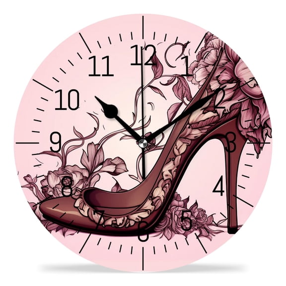 12 Inch Wall Clock Battery Operated Silent Clock Decorative for Office, Kitchen, Outdoor, Living RoomButterfly Shoes on High Heel White Multicolor