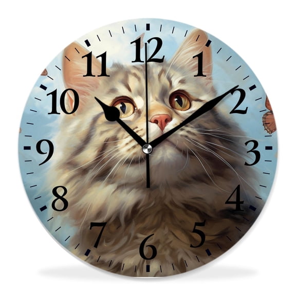 12 Inch Wall Clock Battery Operated Silent Clock Decorative for Office, Kitchen, Outdoor, Living Room，Cat Butterfly Painting