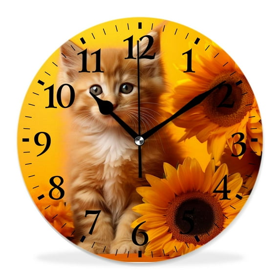 12 Inch Wall Clock Battery Operated Silent Clock Decorative for Office, Kitchen, Outdoor, Living Room,Cat and Sunflowers in a Basket Lovely