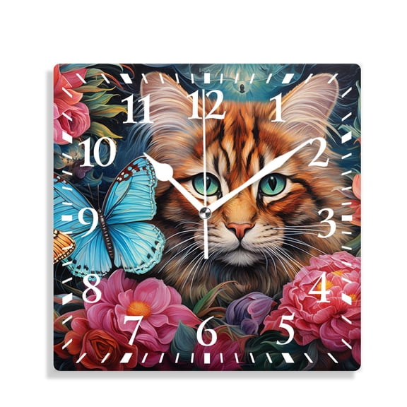 12 Inch Wall Clock Battery Operated Silent Clock Decorative for Office, Kitchen, Outdoor, Living RoomCats Butterflies Flowers 3D Colorful Pattern
