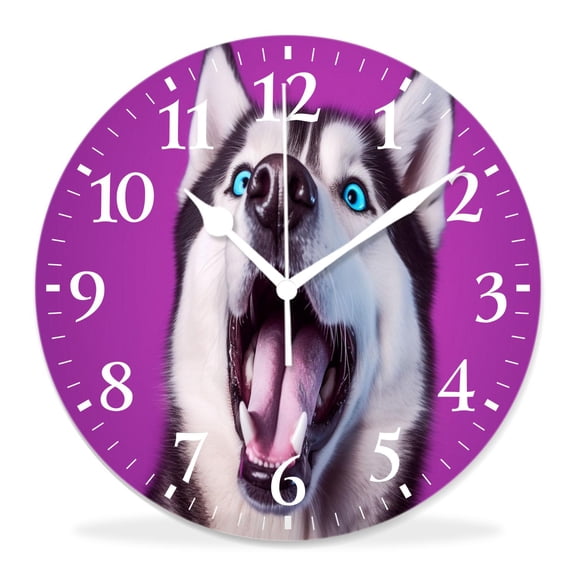 12 Inch Wall Clock Battery Operated Silent Clock Decorative for Office, Kitchen, Outdoor, Living RoomCheerful Smiling Happy Husky Dog Cute