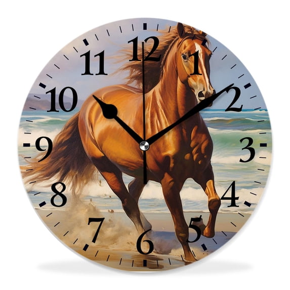 12 Inch Wall Clock Battery Operated Silent Clock Decorative for Office, Kitchen, Outdoor, Living Room，Chestnut Horse Rushing To Shore Lovely Art