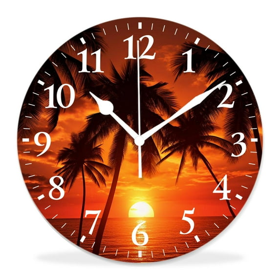 12 Inch Wall Clock Battery Operated Silent Clock Decorative for Office, Kitchen, Outdoor, Living Room,Coconut Tree Tropical Beach Elegant Design