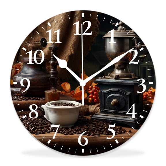 12 Inch Wall Clock Battery Operated Silent Clock Decorative for Office, Kitchen, Outdoor, Living RoomCoffee Bean Old Style Drawing