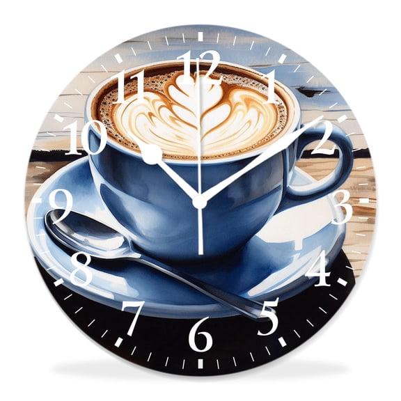 12 Inch Wall Clock Battery Operated Silent Clock Decorative for Office, Kitchen, Outdoor, Living Room，Coffee Cup on Brown Background Painting