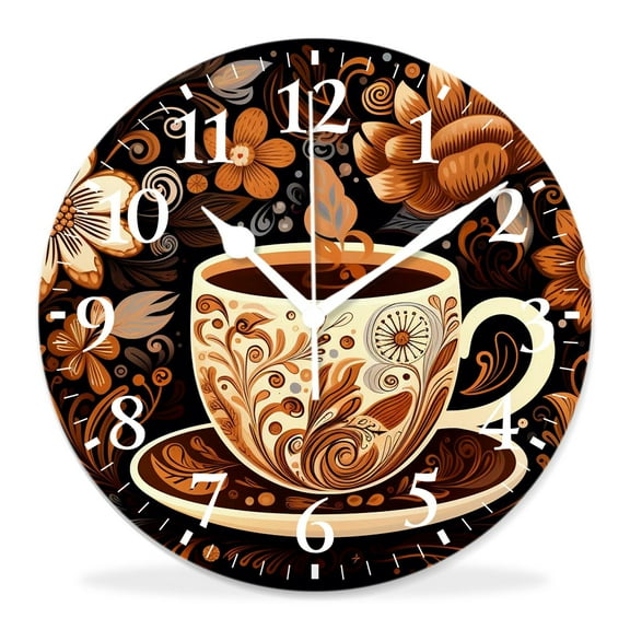 12 Inch Wall Clock Battery Operated Silent Clock Decorative for Office, Kitchen, Outdoor, Living RoomCoffee Tea Cup Art Creative Pattern