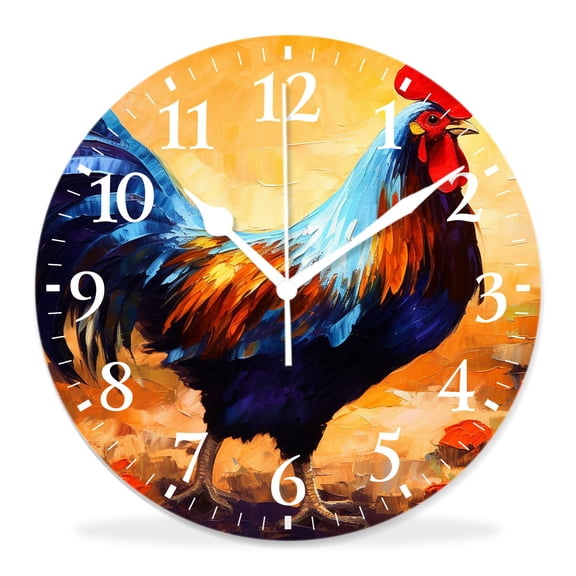 12 Inch Wall Clock Battery Operated Silent Clock Decorative for Office, Kitchen, Outdoor, Living RoomColor Rooster Oil Painting Beautiful Pattern