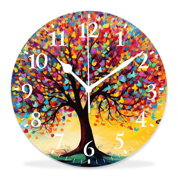 12 Inch Wall Clock Battery Operated Silent Clock Decorative for Office, Kitchen, Outdoor, Living Room,Colorful Butterfly Tree Art