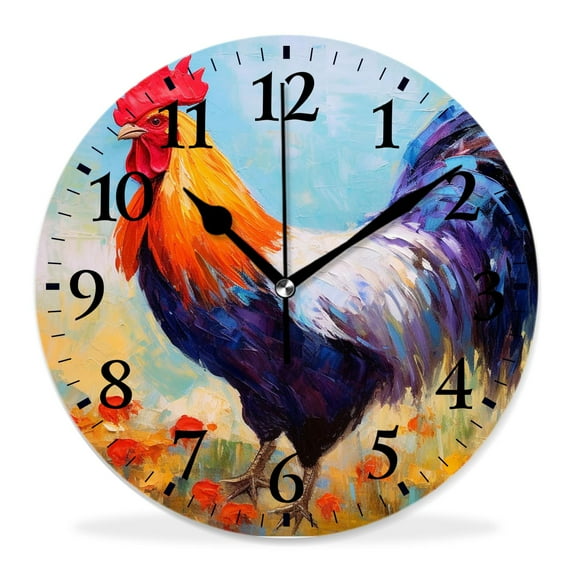 12 Inch Wall Clock Battery Operated Silent Clock Decorative for Office, Kitchen, Outdoor, Living Room，Colorful Rooster Cute