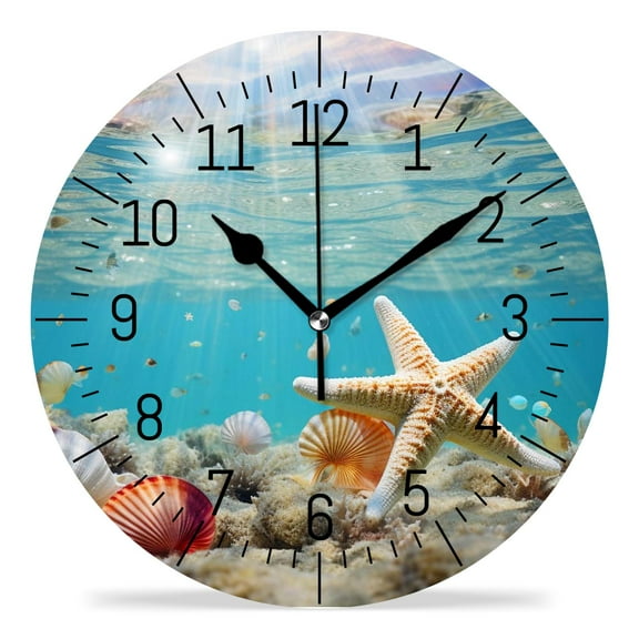 12 Inch Wall Clock Battery Operated Silent Clock Decorative for Office, Kitchen, Outdoor, Living RoomCool Starfish Shell Beach Colorful