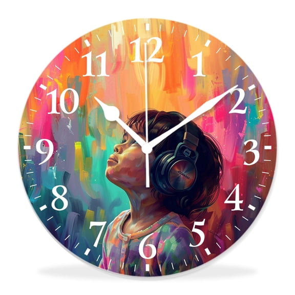 12 Inch Wall Clock Battery Operated Silent Clock Decorative for Office, Kitchen, Outdoor, Living Room，Cute African Girls Loves Music Adorable