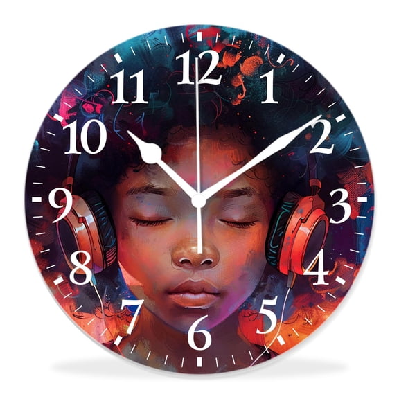 12 Inch Wall Clock Battery Operated Silent Clock Decorative for Office, Kitchen, Outdoor, Living Room，Cute African Girls Loves Music Pretty