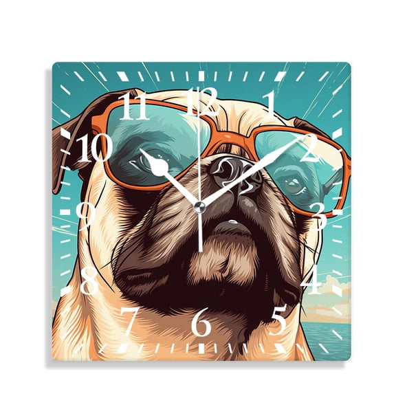 12 Inch Wall Clock Battery Operated Silent Clock Decorative for Office, Kitchen, Outdoor, Living RoomCute Cartoon Pug Dog Print Elegant Design