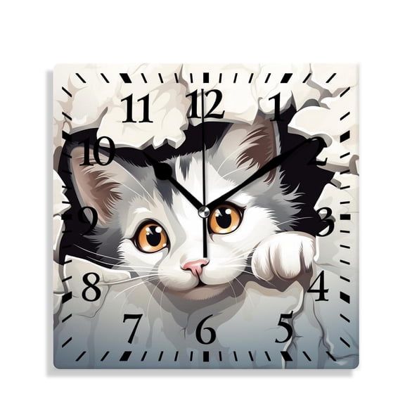 12 Inch Wall Clock Battery Operated Silent Clock Decorative for Office, Kitchen, Outdoor, Living RoomCute Cat Kitten Print Animal Funny Art