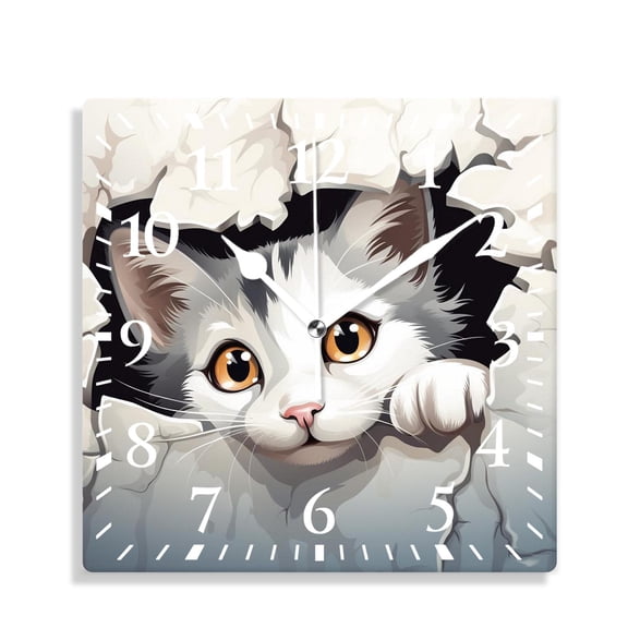 12 Inch Wall Clock Battery Operated Silent Clock Decorative for Office, Kitchen, Outdoor, Living RoomCute Cat Kitten Print Animal Funny Art
