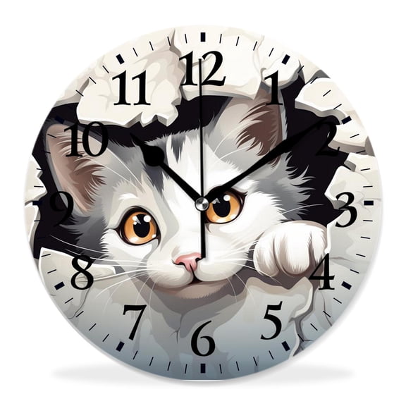 12 Inch Wall Clock Battery Operated Silent Clock Decorative for Office, Kitchen, Outdoor, Living RoomCute Cat Kitten Print Animal Funny Art