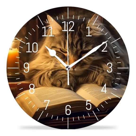 12 Inch Wall Clock Battery Operated Silent Clock Decorative for Office, Kitchen, Outdoor, Living RoomCute Cat Kitten Reading Book Vintage Drawing