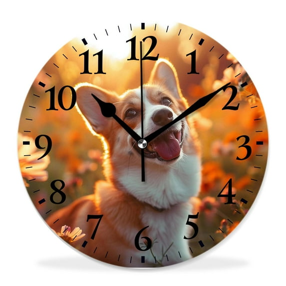 12 Inch Wall Clock Battery Operated Silent Clock Decorative for Office, Kitchen, Outdoor, Living Room,Cute Corgi Dog Kitchen Puppy Chic