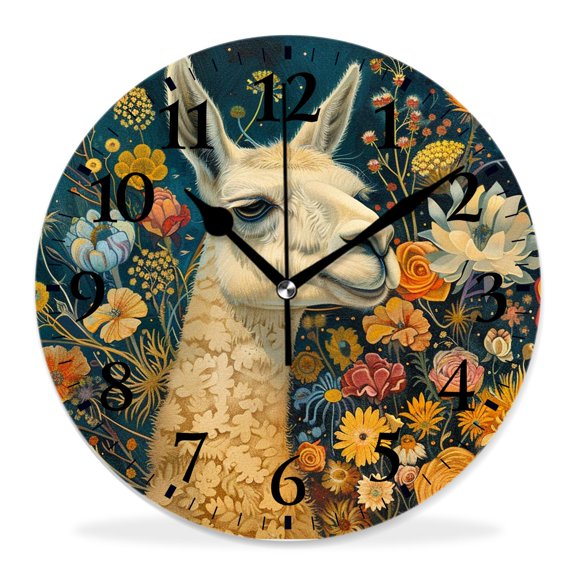 12 Inch Wall Clock Battery Operated Silent Clock Decorative for Office, Kitchen, Outdoor, Living RoomCute Llama Alpaca with Floral Delicate
