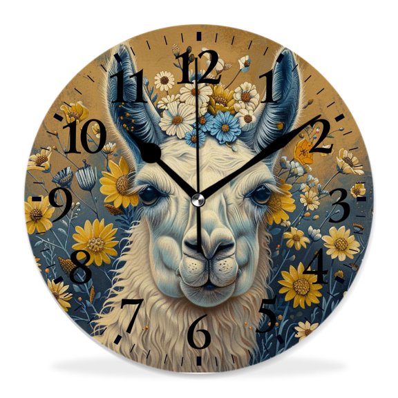 12 Inch Wall Clock Battery Operated Silent Clock Decorative for Office, Kitchen, Outdoor, Living RoomCute Llama Alpaca with Floral Elaborate
