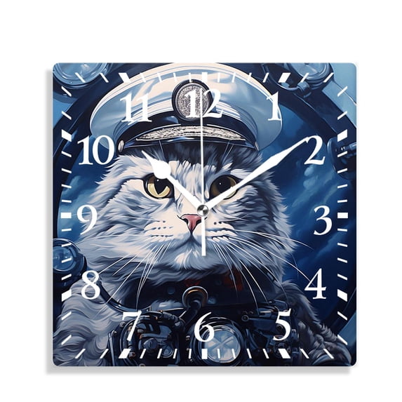 12 Inch Wall Clock Battery Operated Silent Clock Decorative for Office, Kitchen, Outdoor, Living Room,Cute Portrait Cat in Sailor'S Cap Design