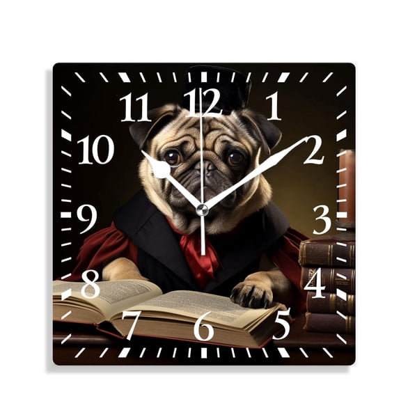 12 Inch Wall Clock Battery Operated Silent Clock Decorative for Office, Kitchen, Outdoor, Living RoomCute Puppy Pug Dog Laying on The Book Picture