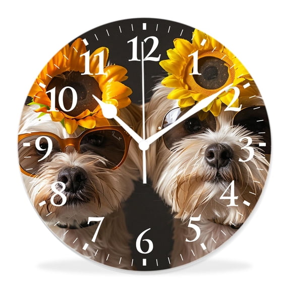 12 Inch Wall Clock Battery Operated Silent Clock Decorative for Office, Kitchen, Outdoor, Living Room,Cute Puppy Sunflowers Dog Creative