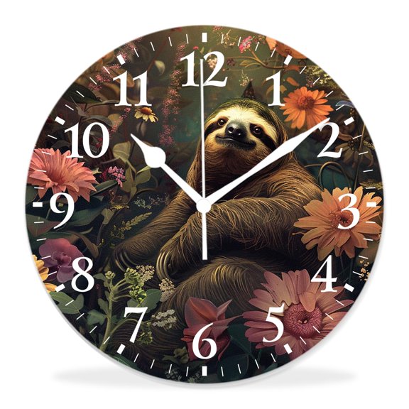 12 Inch Wall Clock Battery Operated Silent Clock Decorative for Office, Kitchen, Outdoor, Living RoomCute Sloth and Flower Stunning