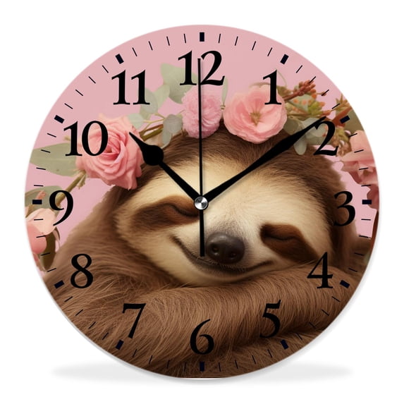 12 Inch Wall Clock Battery Operated Silent Clock Decorative for Office, Kitchen, Outdoor, Living Room,Cute Sloth and Flowers Drawing