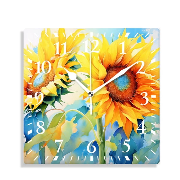 12 Inch Wall Clock Battery Operated Silent Clock Decorative for Office, Kitchen, Outdoor, Living Room,Cute Sunflower Yellow on Green Art